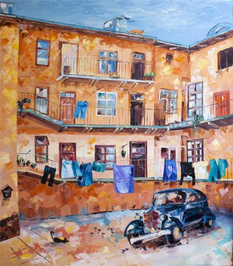 eski sokak araba yağlı boya