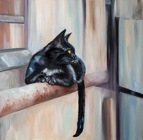 Pintura a óleo de gato preto — Fotografia de Stock