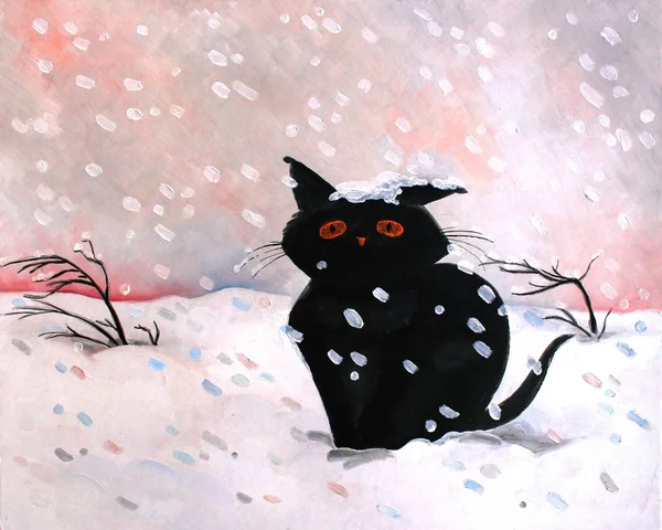 siyah yavru kedi kar Yağlıboya Resim