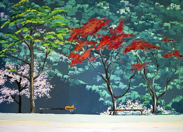Park drzew czerwony kot na ławce — Zdjęcie stockowe
