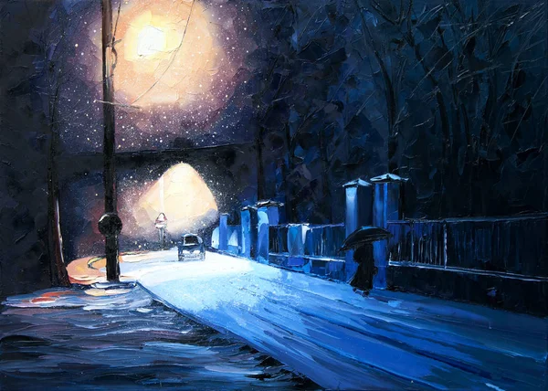 Inverno neve lanterna parque máquina menina sob guarda-chuva pintura a óleo — Fotografia de Stock