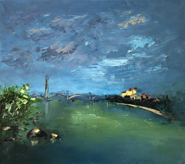 De hemel bewolkt is de River City olieverfschilderij — Stockfoto