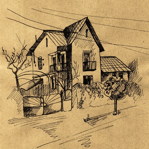 Old house sketch retro craft ink — Stock Photo, Image