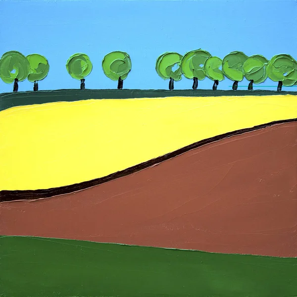 Campo de colza prado amarillo y cielo azul árboles paisaje - pintura al óleo minimalismo abstracto —  Fotos de Stock