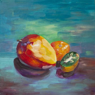 El çizimi yağlı boya taze tropik meyve. Mango, mandalina, kivi..
