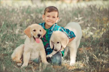 İskambil ile tam Umudunu kaybetme yaz güneşli gün tatil hafta sonu zevk inanılmaz beyaz pembe labrador retriever köpek yavrusu ile açık mavi gözlü yakışıklı yakışıklı genç. En iyi arkadaşı ile gülümseyen çocuk mutlu