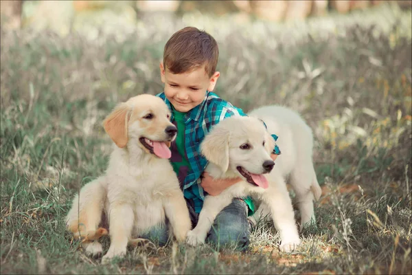 Nastolatka Ładna przystojny chłopak z niebieskimi oczami, w zabawie z niesamowite biały różowy labrador retriever szczeniak korzystających lato słoneczny dzień wakacje weekend z pełnym szczęściem. Szczęśliwy uśmiechający się dziecko z najlepszym przyjacielem — Zdjęcie stockowe