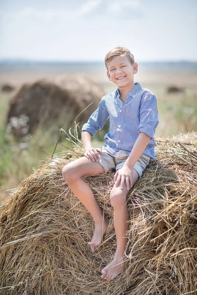 Attraktiver Junge sitzt auf einem Heuhaufen und lächelt — Stockfoto