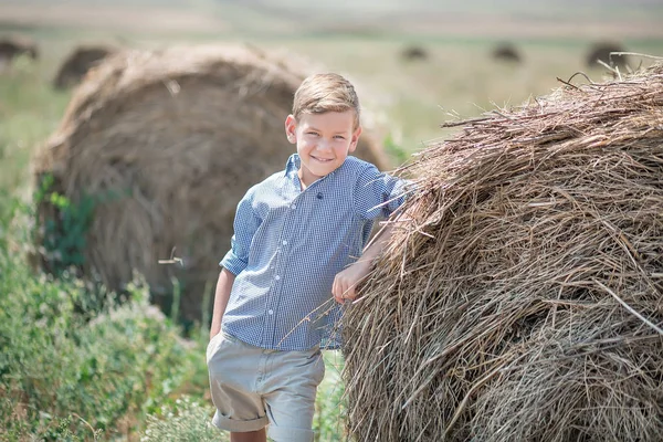 Привлекательный мальчик, сидящий на стоге сена и улыбающийся — стоковое фото
