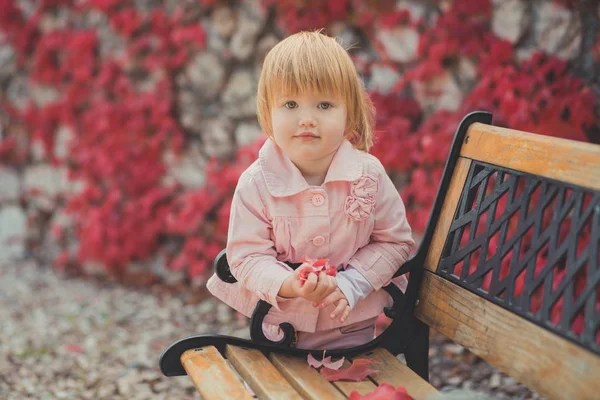 Bambino ragazza carina con i capelli biondi e guancia di mela rosa godendo di primavera autunno vacanza tempo in posa nel bellissimo giardino pieno di fiori sulla panchina indossando penne abito camicia rosa — Foto Stock