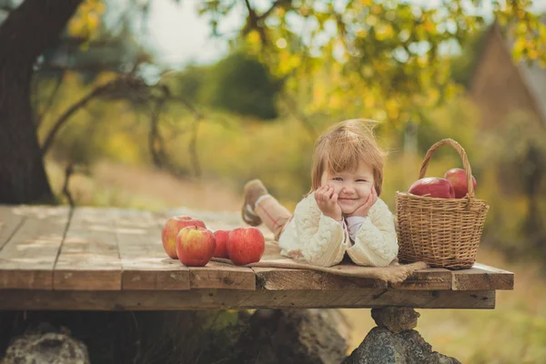 Schattige mooie baby meisje met blond rood haar dragen ivoor kleur witte trui geniet van levenstijd in stad voorstad dorp op het houten podium met mand ped wieg vol verse geel rode appels tevreden glimlach — Stockfoto