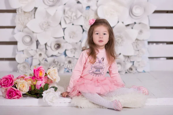 Pretty girl with brunnete hair stylish dressed in pink dress pinky skirt shirt happyly smiling posing to camera for photosession in modern showroom studio on fur floor with paper flowers on wall. — Stock Photo, Image