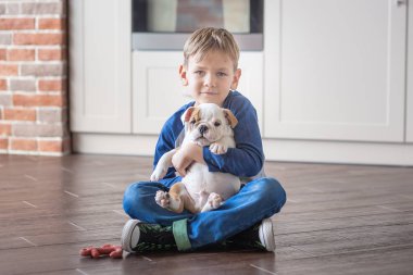 Sevimli çocuk köpek yavrusu İngilizce bulldog ile oynamak