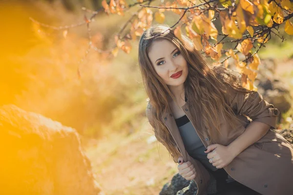 Sexy incrível senhora menina nifty elegante vestido no outono jaqueta com cabelos loiros e pout vermelho lábios com compõem rosto posando sentar para câmera no central parque primavera floresta prado — Fotografia de Stock