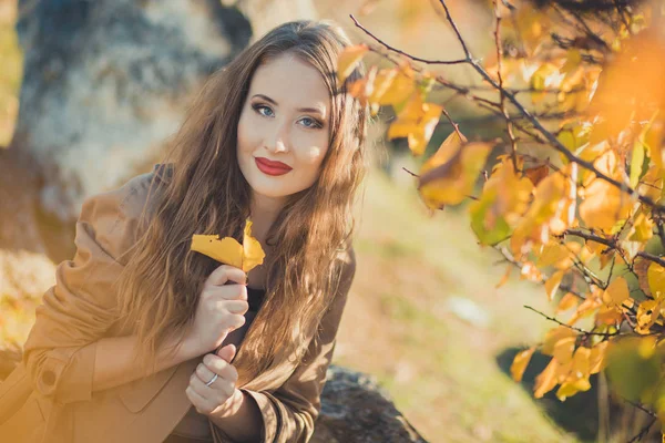 Sexy chica increíble chica ingeniosa elegante vestida con chaqueta de otoño con pelos rubios y pucheros labios rojos con maquillaje cara posando sentarse para la cámara en el parque central primavera bosque pradera — Foto de Stock