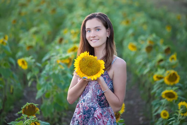 Bonito bela jovem senhora mulher sentada em um campo com grandes sunflowers.Brunette com olhos azuis vestindo vestido colorido italiano leghorn chapéu de boné de sol em dale lea de flores verdes amarelas flor . — Fotografia de Stock