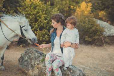Romantik bir sahne güzel Bayan genç anne şirin bebek kızıyla birlikte zevk zaman birlikte şehir köy park yürüme beslenme beyaz at midilli içinde
