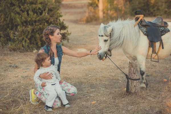 Cena romântica bela senhora jovem mãe com sua filha bebê bonito desfrutar de tempo juntos no parque da aldeia da cidade andando alimentando cavalo branco pônei — Fotografia de Stock