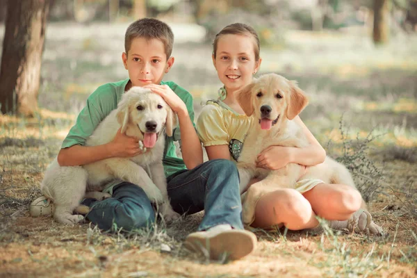 猎犬幼崽可爱的场景年轻的妹妹弟弟喜欢与最好的朋友狗象牙白色拉布拉多小狗的夏季时间度假。地无忧无虑的童年家庭生活世界梦想小狗. — 图库照片