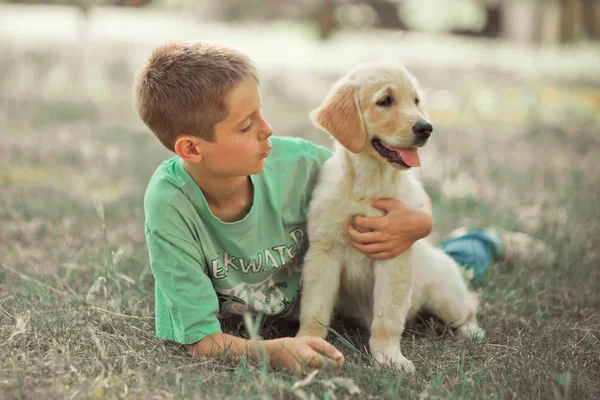 Av köpeği yavru güzel sahne handsom genç çocuk en iyi arkadaş köpek Fildişi beyaz labrador köpek yavrusu ile yaz saati tatil keyfi. Hayaller dünyasında mutlu airily dikkatsiz çocukluk hayatı