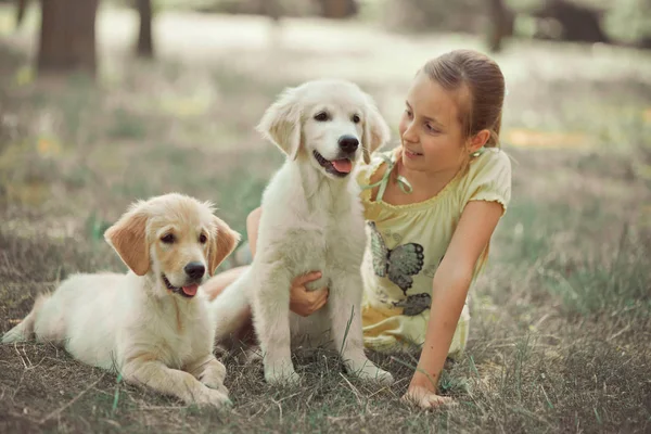 猎犬幼崽可爱的场景可爱的年轻女孩享受与最好的朋友狗象牙白色拉布拉多犬的夏季时间度假。快乐地无忧无虑的童年生活世界与小狗的梦想 — 图库照片