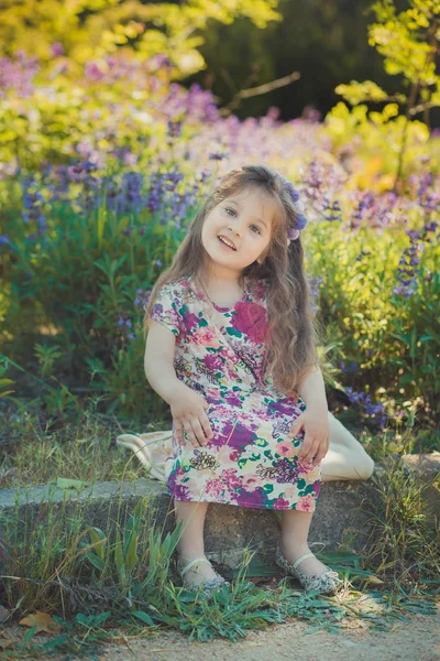 Színes nyári jelenet aranyos runette fiatal lány gyermek élvezi a szabad idő erdei virágok mező visel elegáns kis ruhát a napsütötte réten — Stock Fotó