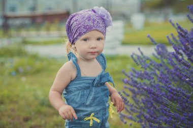 Central Park'a çayır lavanta bush giyen kot elbise ve mistik kahverengi gözlü menekşe mor bandana yakın poz genç güzellik çocuk kız