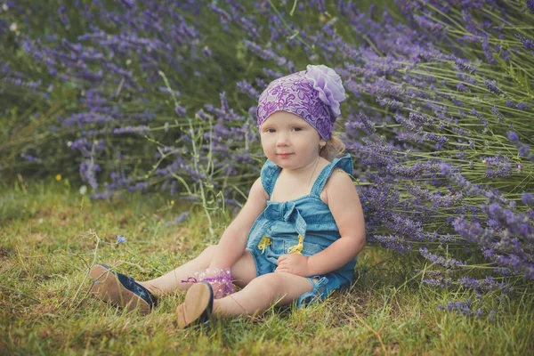 Маленькая девочка-красавица позирует на лугу центрального парка рядом с кустом лаванды в джинсовом платье и фиолетовой пурпурной бандане с мистическими карими глазами — стоковое фото