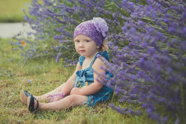 Menina de beleza jovem posando no prado do parque central perto do arbusto lavander vestindo vestido de jeans e bandana violeta roxa com olhos castanhos místicos — Fotografia de Stock