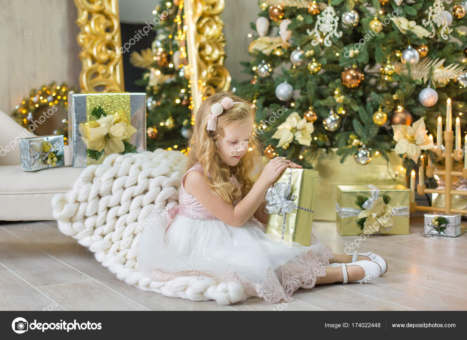 Christmas Xmas Casual Gold Studio Decorations With Cute Girl And Christmas Xmas Casual Gold Studio Decorations With Cute Girl And Huge Mirror Golden Frame Plenty