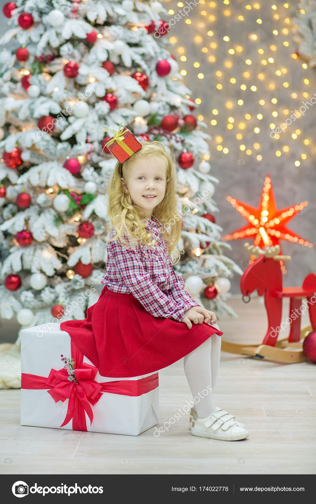 Christmas Xmas Casual Gold Studio Decorations With Cute Girl And Christmas Xmas Casual Gold Studio Decorations With Cute Girl And Huge Mirror Golden Frame Plenty