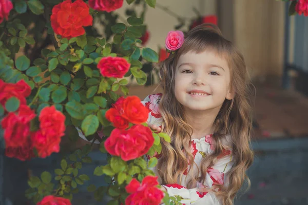 Aranyos baba lány szőke göndör hajszálakat és boldog világos gyermek szeme pózol a central park közelében hatalmas bokor virágok piros fehér rózsaszín rózsa nyári elegáns ruhában — Stock Fotó