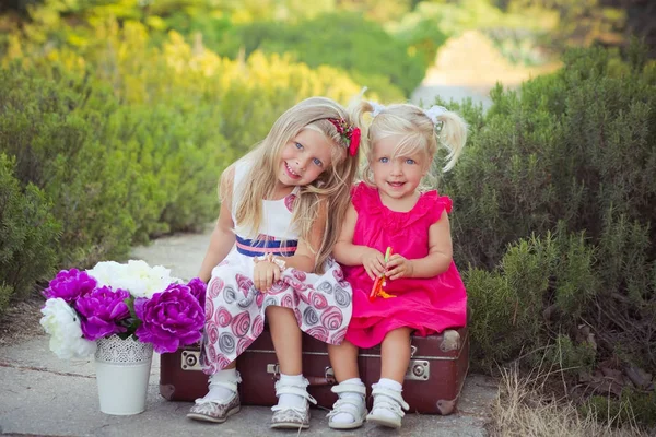 姐妹两个金发碧眼深冰蓝眼睛穿着五颜六色的礼服摆在中央公园森林草甸坐在旅行树干袋与花束紫罗兰紫色花 — 图库照片