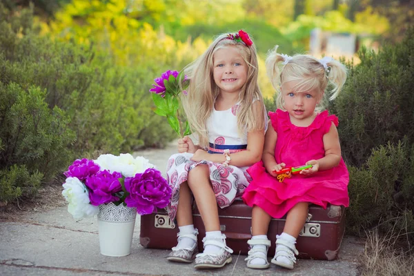 姐妹两个金发碧眼深冰蓝眼睛穿着五颜六色的礼服摆在中央公园森林草甸坐在旅行树干袋与花束紫罗兰紫色花 — 图库照片