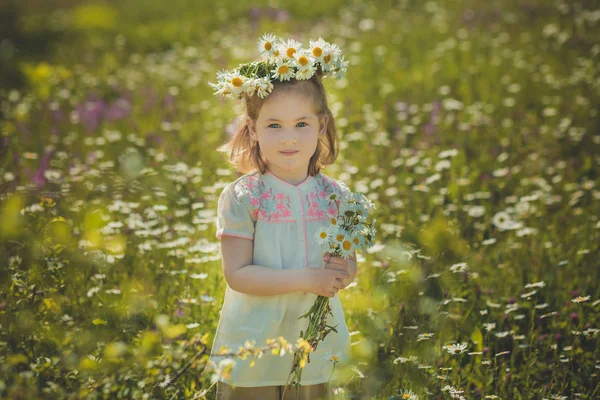 Ładny blond dziewczyna dziecko stylowe ubrany w białą koszulę sobie wieniec spirala stokrotka pozowanie na łące w lesie dzikich mayweed. Adoreable scena — Zdjęcie stockowe