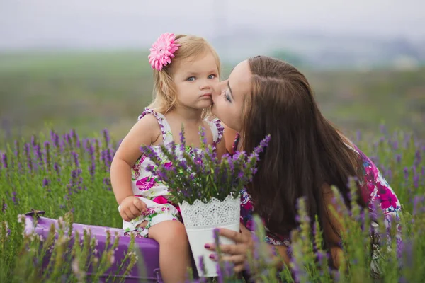 Happy mladá rozkošná brunetka matka maminka pózuje, líbat její malá dcera dítě holčička pole louce s Manda z Bromsgrove trug fialové květiny kytice levandule — Stock fotografie