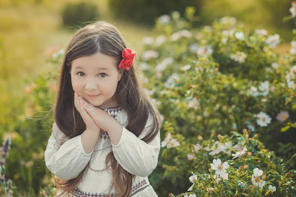 Menina com cabelos morena e olhos castanhos elegante vestido vestindo roupas rústicas aldeia camisa branca e calças vermelhas no cinto posando com flores no prado da floresta — Fotografia de Stock