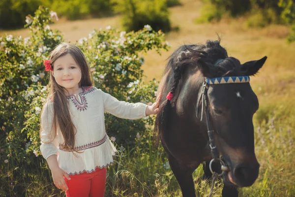 Girl with brunette hair and brown eyes stylish dressed wearing rustic village clothes white shirt and red pants on belt posing with black young horse pony — Stock Photo, Image