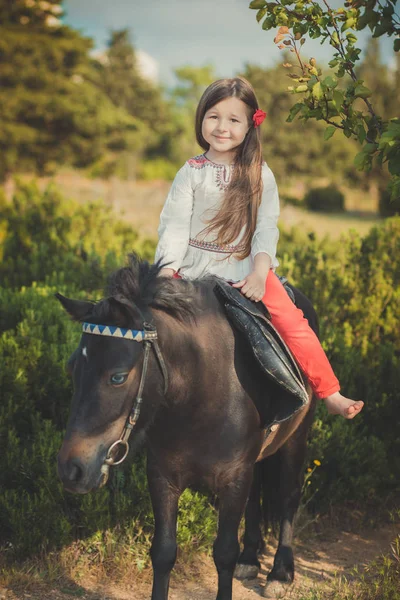Mädchen mit brünetten Haaren und braunen Augen stilvoll gekleidet in rustikaler Dorfkleidung weißes Hemd und rote Hose am Gürtel posiert mit sitzend auf schwarzem jungen Pferd Pony — Stockfoto
