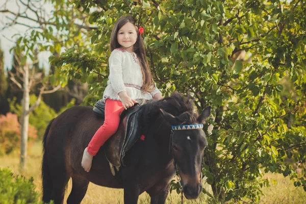 Mädchen mit brünetten Haaren und braunen Augen stilvoll gekleidet in rustikaler Dorfkleidung weißes Hemd und rote Hose am Gürtel posiert mit sitzend auf schwarzem jungen Pferd Pony — Stockfoto