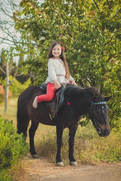 Menina com cabelos morena e olhos castanhos elegante vestido vestindo roupas rústicas aldeia camisa branca e calças vermelhas no cinto posando com sentado no cavalo preto jovem pônei — Fotografia de Stock