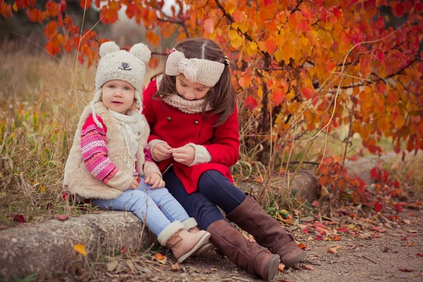 Fashion baby meisjes zusters stijlvol gekleed brunnette en blond het dragen van warme herfst kleding jassen poseren gelukkig samen in kleurrijke bos gebladerte. Geconfronteerd met freckling — Stockfoto