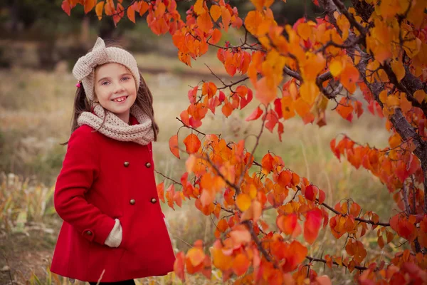 Schattig jong Russisch meisje stijlvol gekleed in warme rode handgemaakte jas blauw jeans laarzen en verslaafd hoofdband sjaal poseren in de herfst kleurrijk bos traject gezicht met freckling — Stockfoto