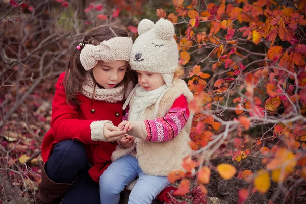 Mode baby flickor systrar elegant klädd brunnette och blont bär varma höst kläder jackor poserar lycklig tillsammans i färgglada skog bladverk. Ansikte med freckling — Stockfoto