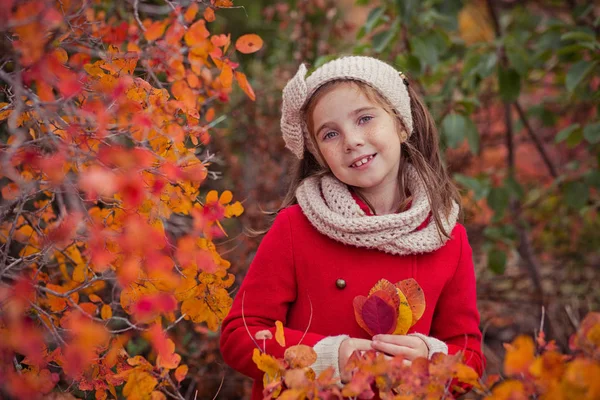 Schattig jong Russisch meisje stijlvol gekleed in warme rode handgemaakte jas blauw jeans laarzen en verslaafd hoofdband sjaal poseren in de herfst kleurrijk bos traject gezicht met freckling — Stockfoto