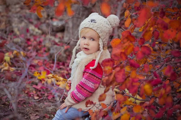 Cute young russian baby girl stylish dressed in warm white fur handmade jacket blue jeans boots and hooked hat teddy bear posing in autumn colorful forest pathway Face with pink cheek — Stock Photo, Image