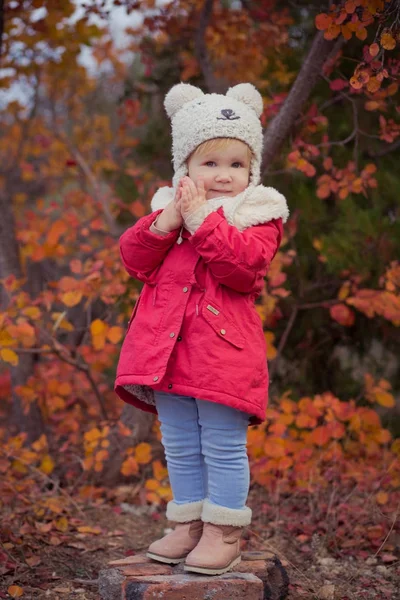 Schattig jong Russisch meisje stijlvol gekleed in warme rode handgemaakte jas blauw jeans laarzen en hoed teddybeer poseren in de herfst kleurrijk bos traject gezicht met roze Wang verslaafd — Stockfoto