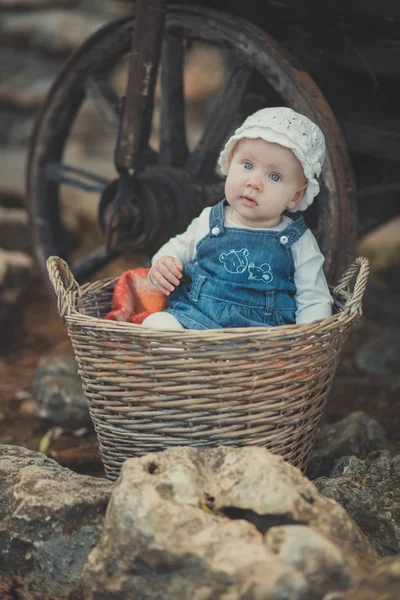 Baby girl with ocean deep blue eyes and pinky cheek wearing white shirt and jeans dress and handmade craft tiny hat sitting in basket close to woodwn wagon wheel