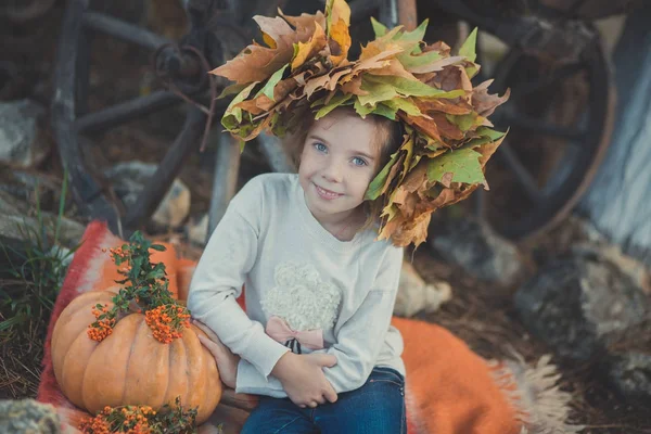 Babymeisje met blauwe ogen met brunnette vlecht haren en freckling Wang dragen witte jurk shirt en poseren op rode plaid dichtbij pompoen met herfst gebladerte wreathon hoofd op zoek naar camera — Stockfoto