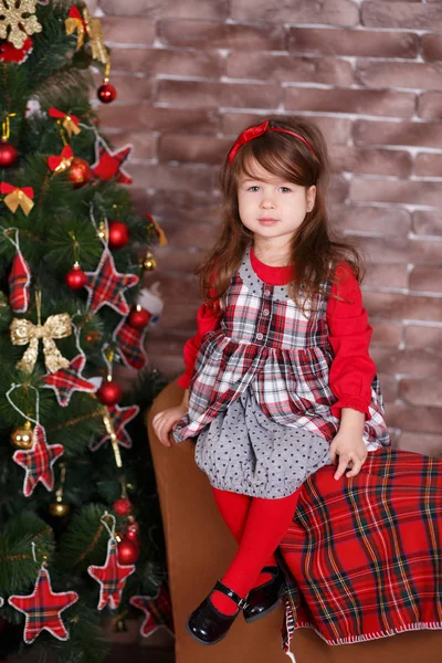 Jonge brunette dolly lady meisje stijlvol gekleed in rode jurk kostuum chequers selectievakje tartan rok riem schoenen glimlachend poseren zitten in studio kerstboom met pout lippen en roze wangen. Stockfoto